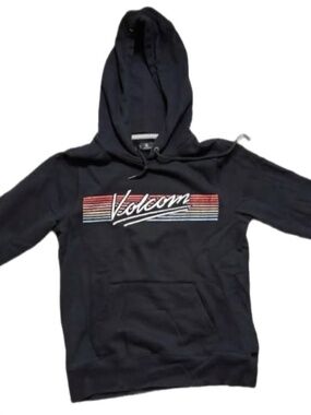 Volcom Black Hoodie Retro Stripe Logo Pullover Sweatshirt Size S